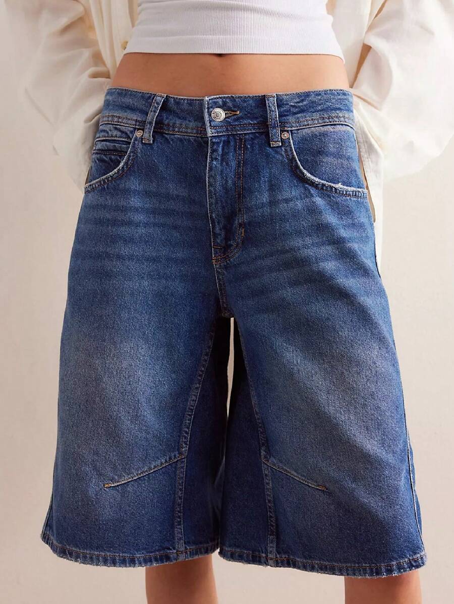 Women Long Baggy Jean Shorts Y2k Vintage Straight Leg Casual Knee Length Denim Bermuda Shorts Jorts With Pockets