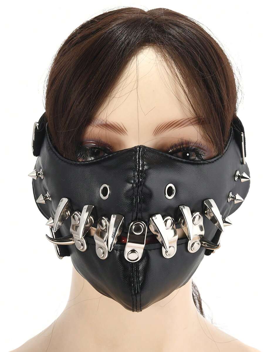 1pc New Simple Face Mask Headdress, Black Leather Spiked Rivet Metal Face Mask For Cosplay, Costume, Holiday Decor