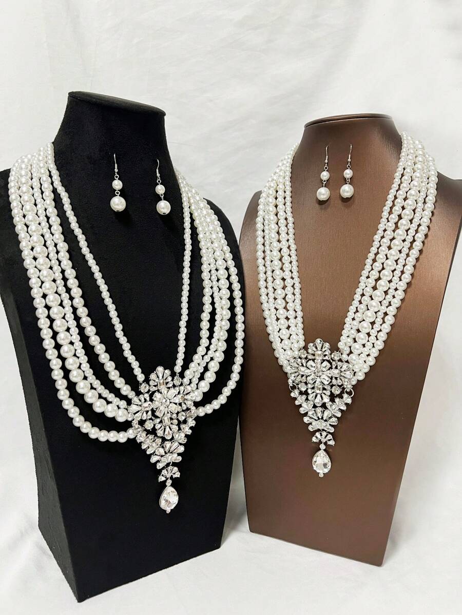 1 Set elegantes koreanisches Stil funkelndes Strass- & Perlen-Mehrschicht Halsketten- & Ohrringe Set, luxuriöser Retro Formeller Kleid Schmuck für Bühne, Party, Feiertage, Alltag