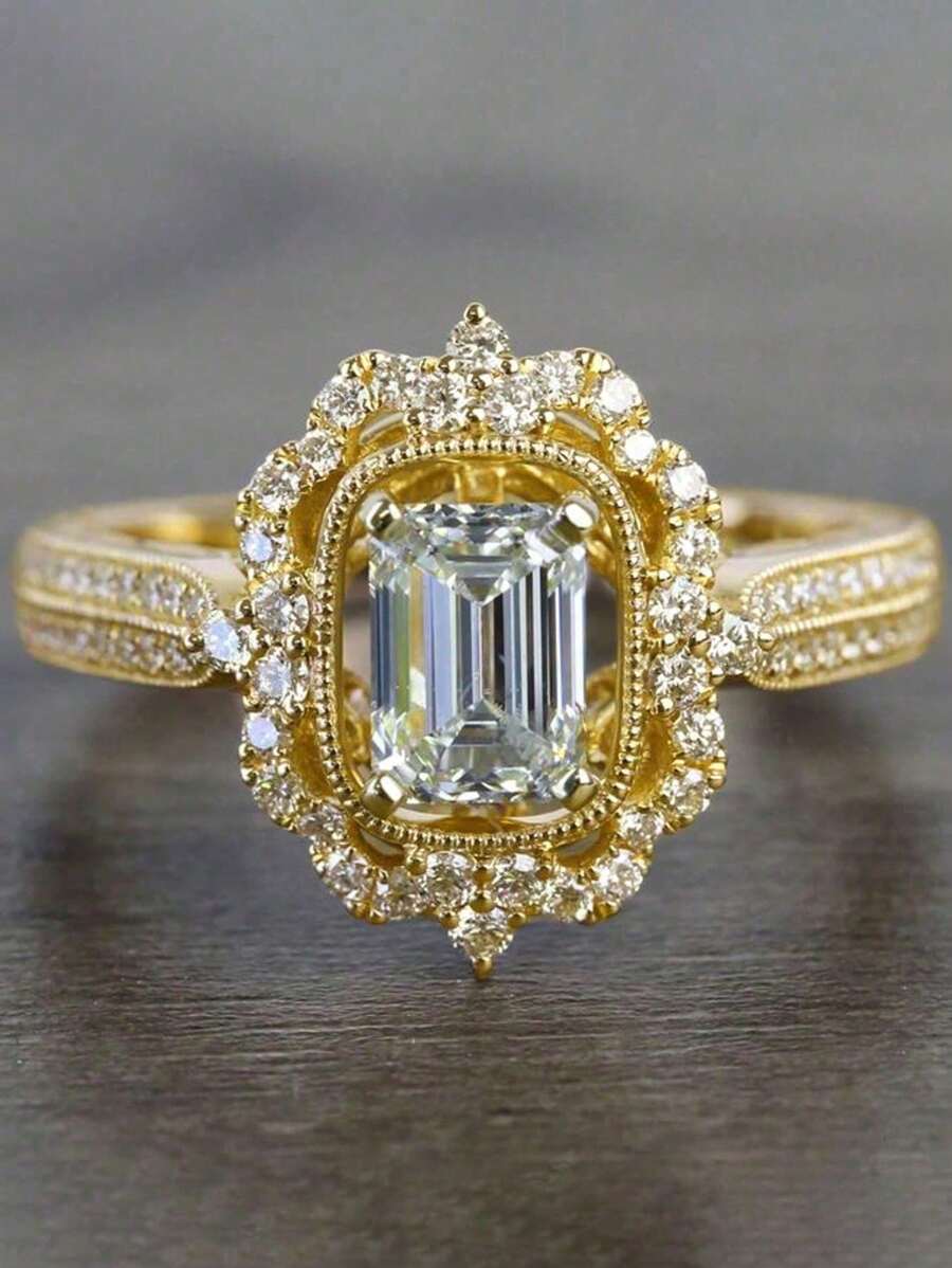 1pc Geometric Cutout Cubic Zirconia Hollow Palace Luxury Copper Gold Color Women's Ring, Suitable For Ball, Party, Banquet, Engagement, Daily Outfit Accessories