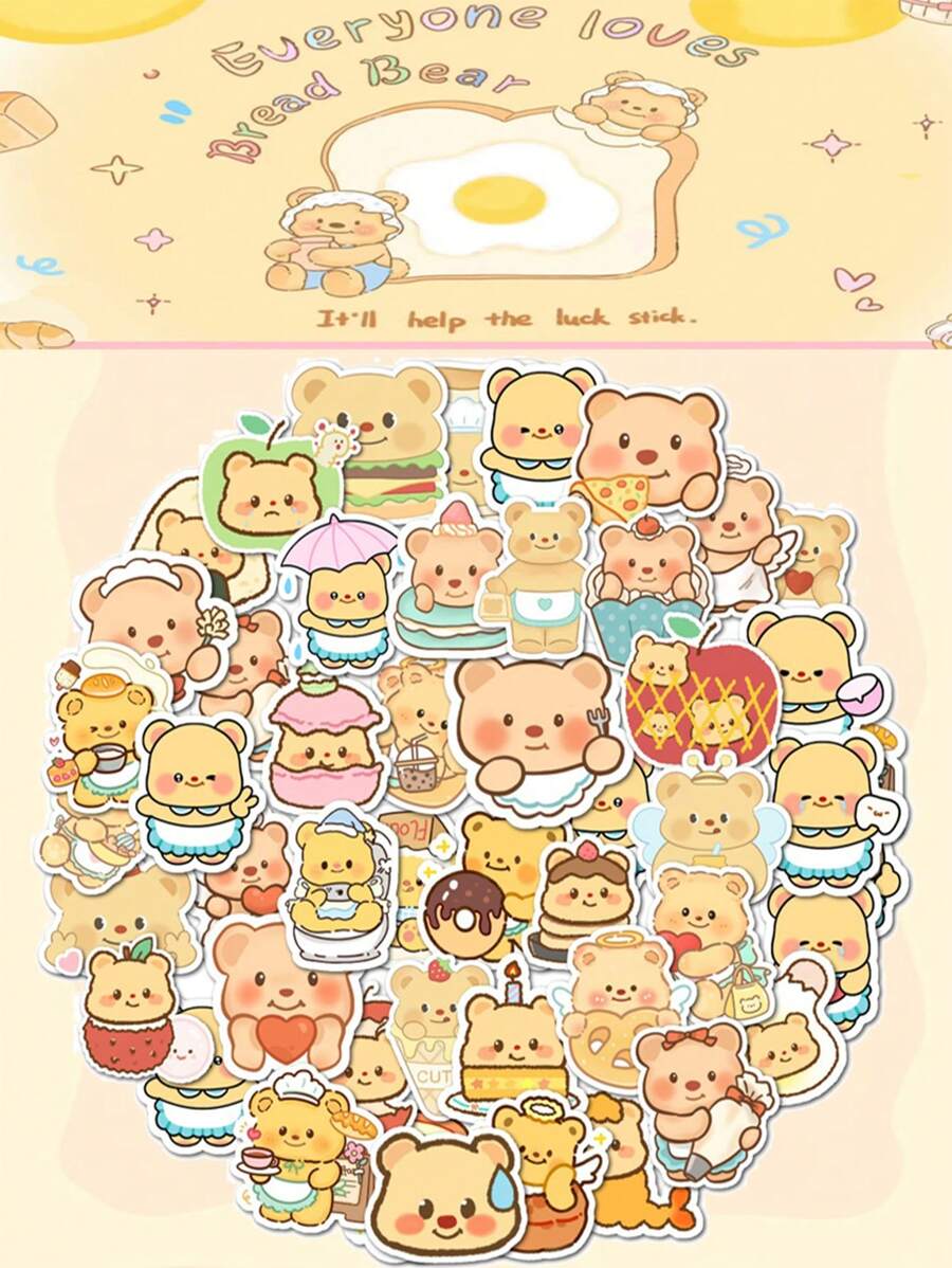 50pcs Cute Cartoon Yellow Bear Stickers, Waterproof Decorative Stickers For Cups, Desserts School Supplies, Back To School