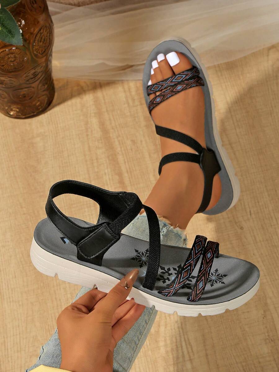Women's Strap Hook And Loop Sandals, Summer Cross-Strap Casual Fashion Light Wedge-Heel Sandals With Boho Chinese Style Rhinestones, For Outdoor Spring/Summer