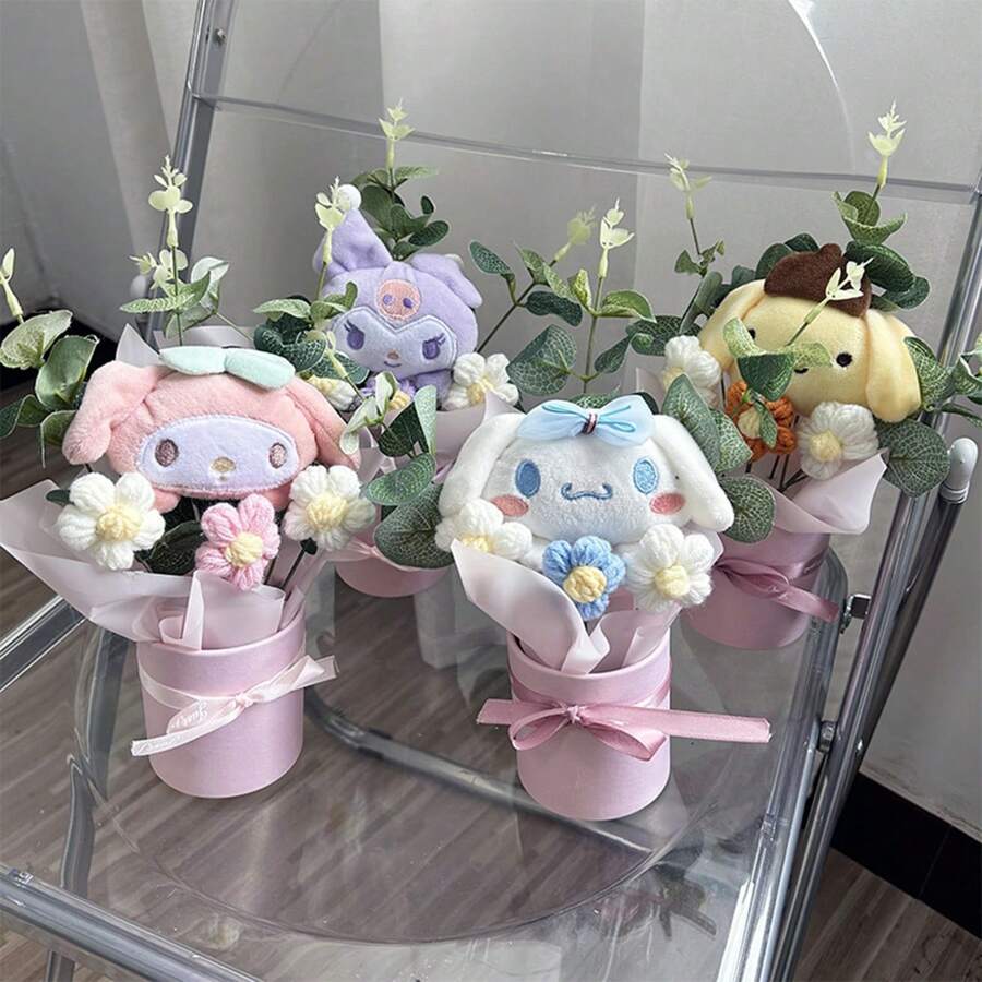 Sanrio Hello Kitty Bouquet Gift Box, Including Fabric Flowers And Leaf Pink Tones, Suitable For Home Decoration Such As Birthdays, Weddings, Anniversaries, Party Props, And Desktop Decorations. Celebration Gift | Charming Bouquet Design | Decorative Bow