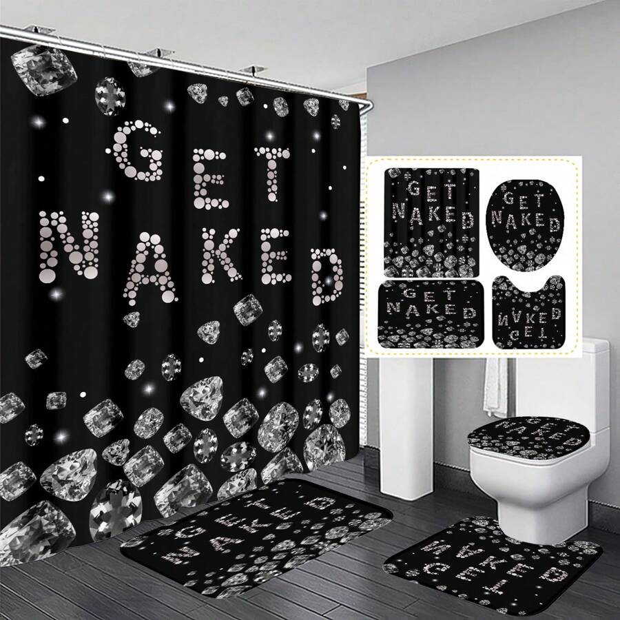1pc/4pcs Purple Diamond Pattern Multifunctional Bathroom Set, Including Waterproof Shower Curtain With 12 Hooks, Anti-Slip Bath Mat, U-Shaped Floor Mat And Round Toilet Lid Cover, Suitable For All Bathroom Scenes Bathroom Accessories Back To School