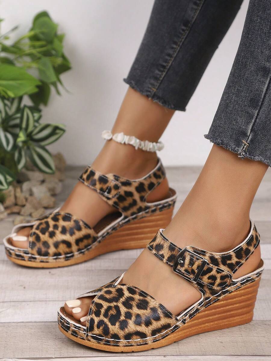 1 Par de Sandálias Plataforma Anabela Estampadas de Leopardo Impermeáveis, Estilo Verão Novo, Versátil para Adolescentes Meninas