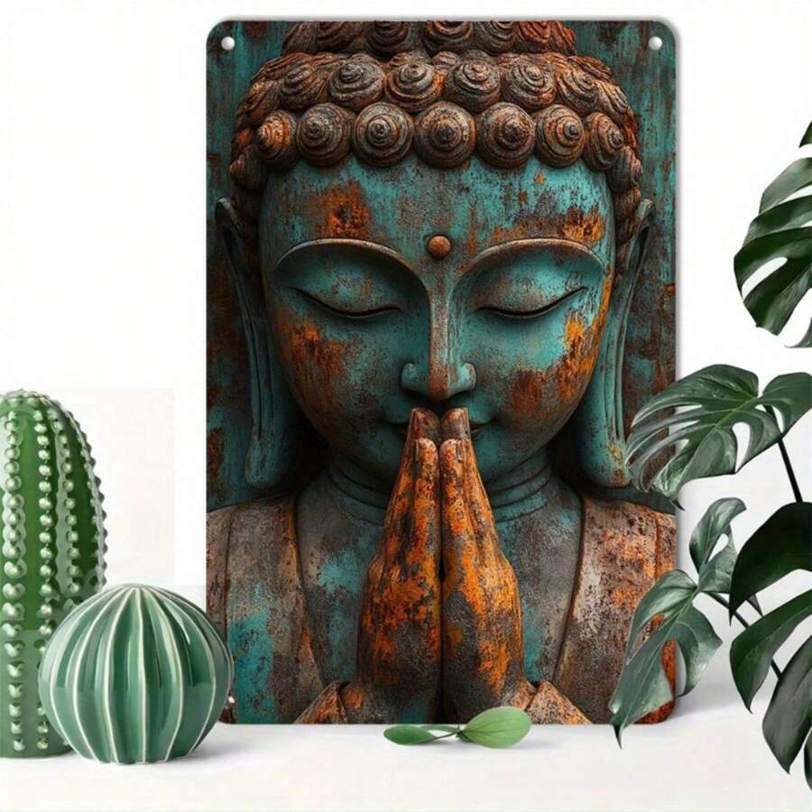 1pc 2D Flat, Buddha Style Retro Metal Plaque, 8"X12" Wall Art Decor - Easy To Install, Durable Metal Wall Decorations Suitable For Home, Cafe, Garage And Outdoor, Random Hole Design Available
