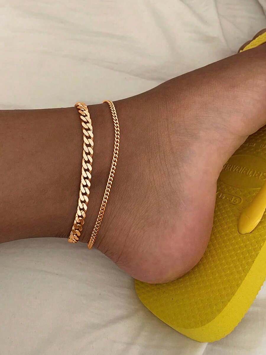 2-Piece Fashionable Women's Ankle Chain Set - Stainless Steel Double-Layer Cuban Chain, Suitable For Daily Wear And Vacation