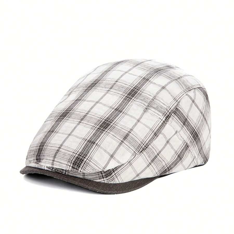 1pc Summer New Arrival Plaid Flat Top Hat, Classic Versatile Adjustable Design, British Style, Multiple Colors