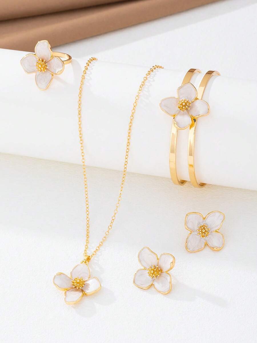 1 Stück romantisches, zierliches Resort-Stil Weißes Öltropfen Vierblatt Blume Anhänger Halskette, 1 Paar Ohrringe, 1 Ring, 1 Armband, Schmuckset für Frauen geeignet für Dates/Alltag