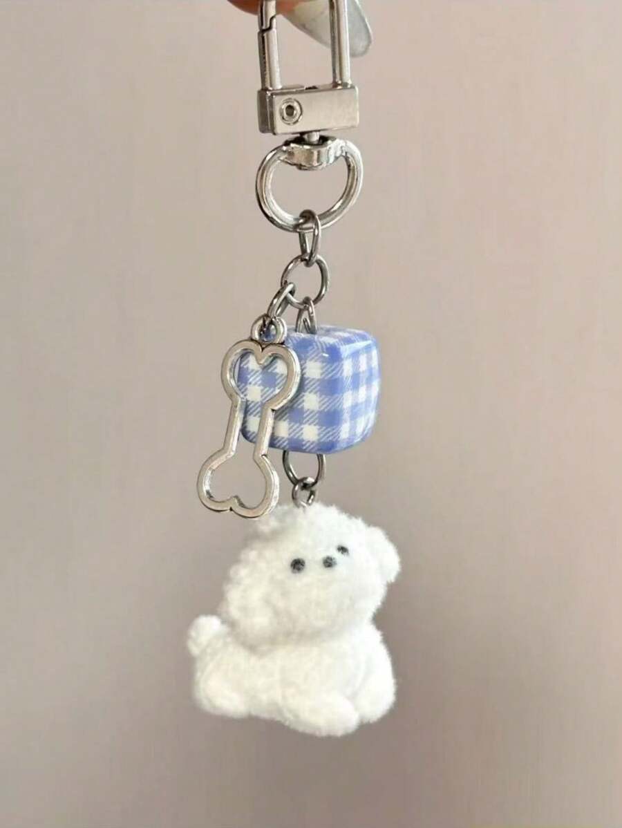 1pc Unisex Cute Cartoon Flocked Little White Dog Keychain, Adorable Bone And Blue&White Beads Accessory For Student, Phone Case, Bag Pendant Car Accessories Bag Charm Backpack For School