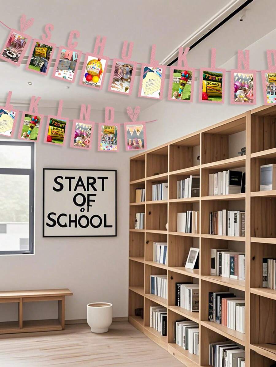 1pc SCHULKIND Banner Glitter Photo Frame Banner For First Day Of School Decorations, Classroom Bulletin Board Chalkboard Decor, Schulbeginn Party Supplies