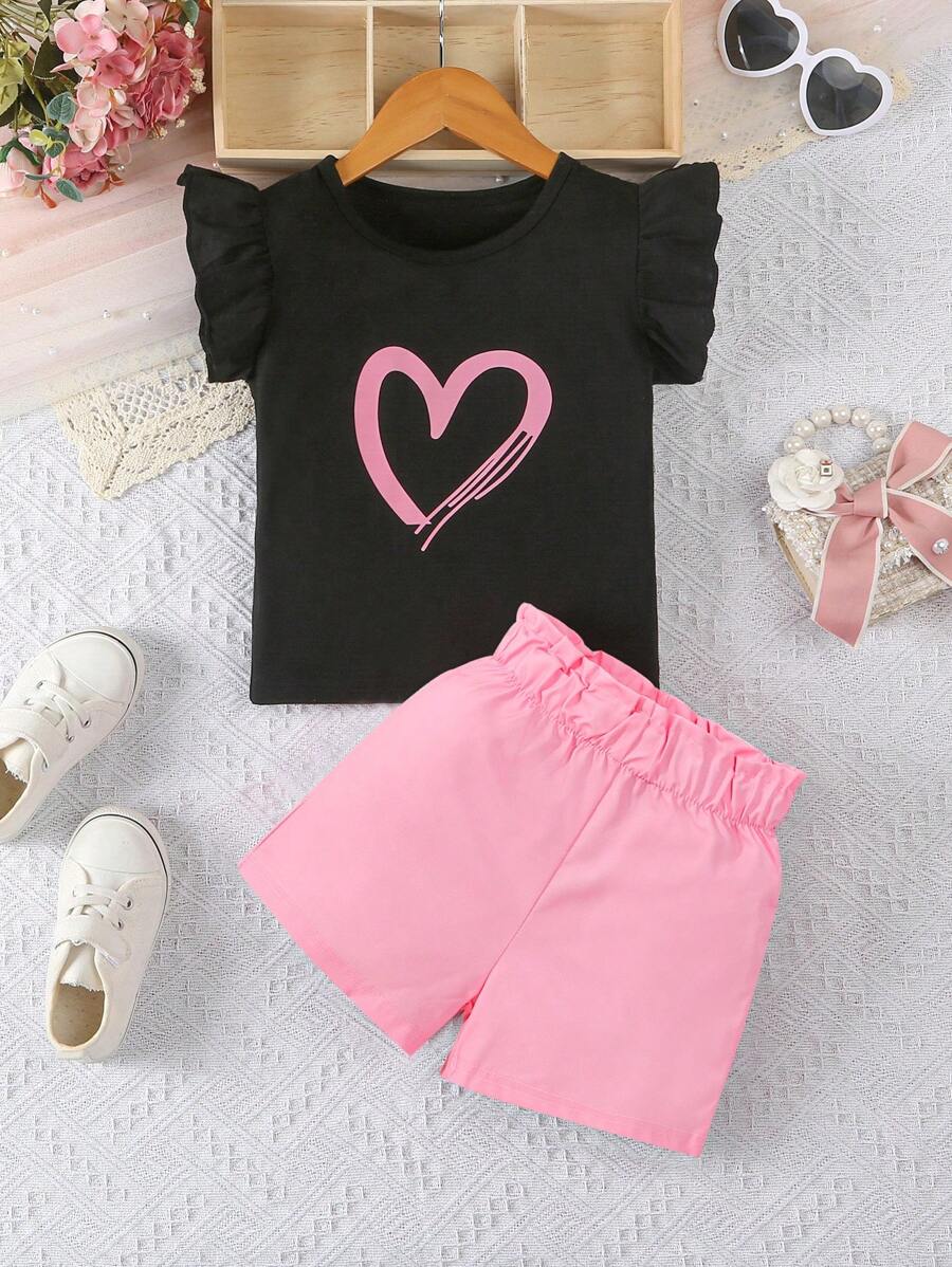 2pcs/Set Girls Cute Heart Graphic Round Neck Sleeveless Top + Shorts Summer Outdoor Casual Outfit