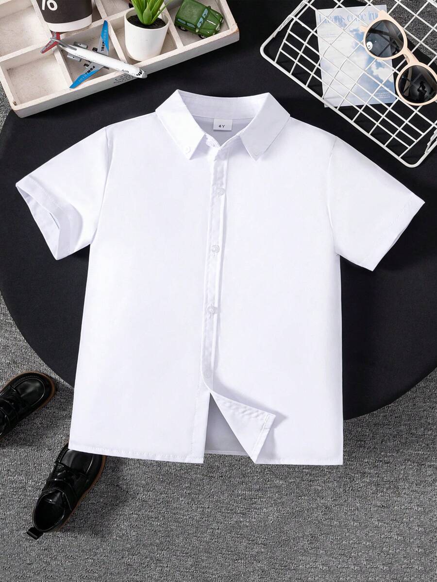 Young Boy Classic Casual Ivy League Style White Short Sleeve Shirt, Formal Events, Gatherings, Performances, Dress