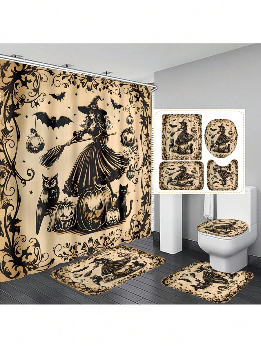 1 Stücke/4 Stücke Halloween Hexe Bad Kürbis Vorhang Dekoration, schönes Einweihungsgeschenk, moderne Heimdekoration, wasserdichter Duschvorhang und Toiletten-Bodenmatte Drei-Teile-Set mit 12 Duschvorhangösen Schulanfang