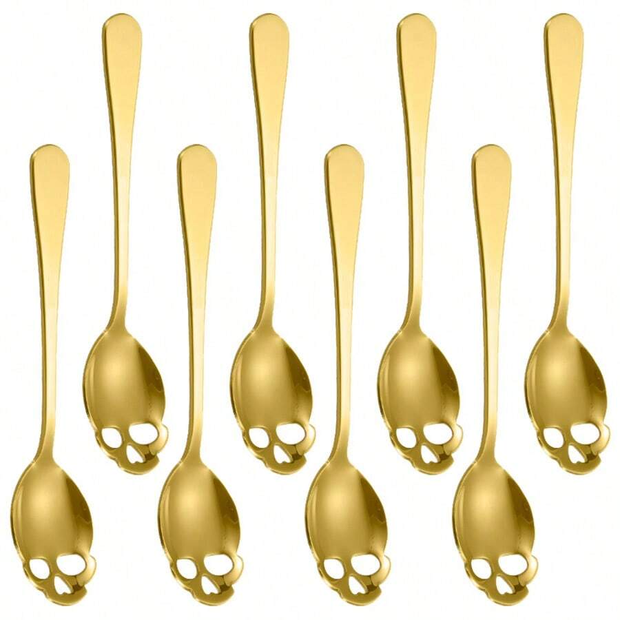 Juego creativo de 8 cucharitas de acero inoxidable con diseño de calavera para café, cucharitas doradas pequeñas ranuradas ideales para Halloween, lindas cucharitas pequeñas de 5.8 pulgadas para revolver