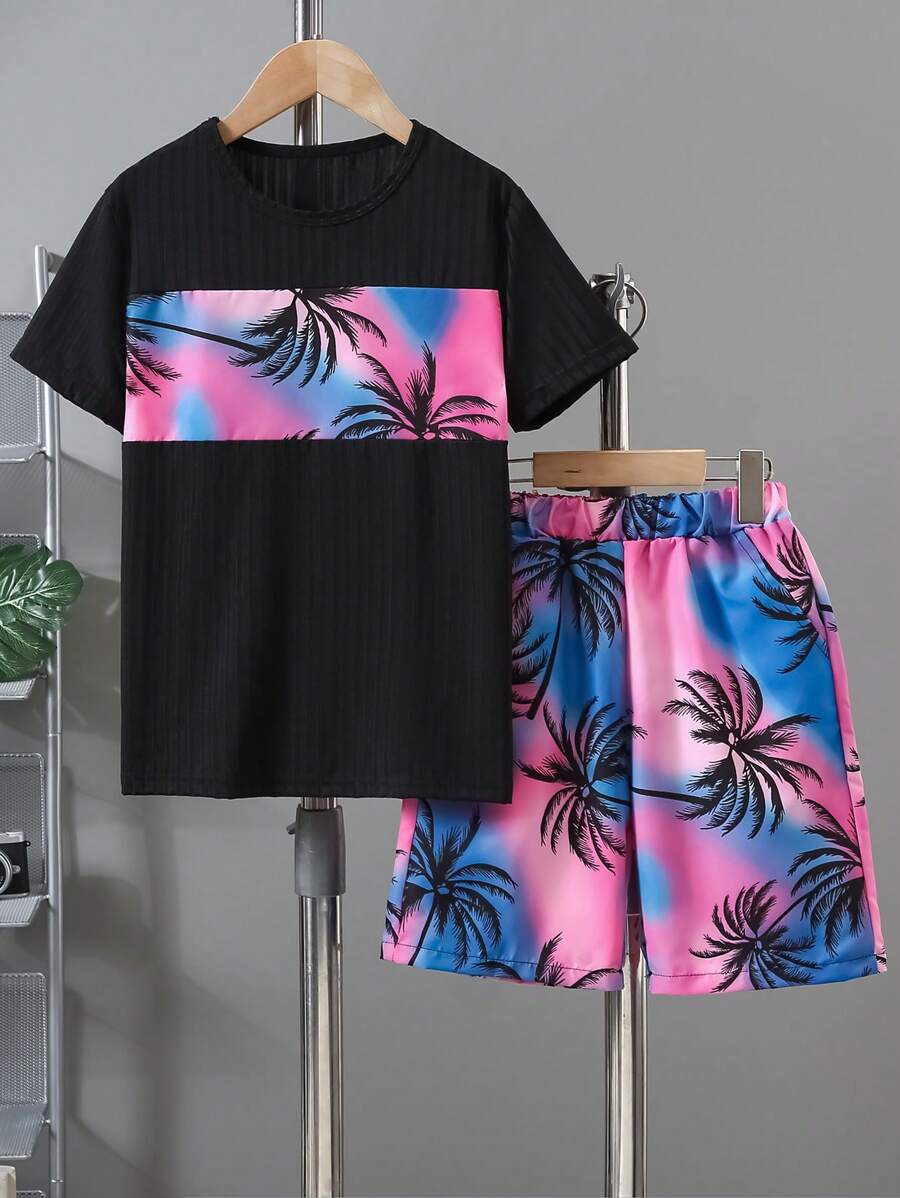 Tween Boy Colorblock Ribbed T-Shirt & Palm Tree Print Pocket Shorts 2 Pieces Set
