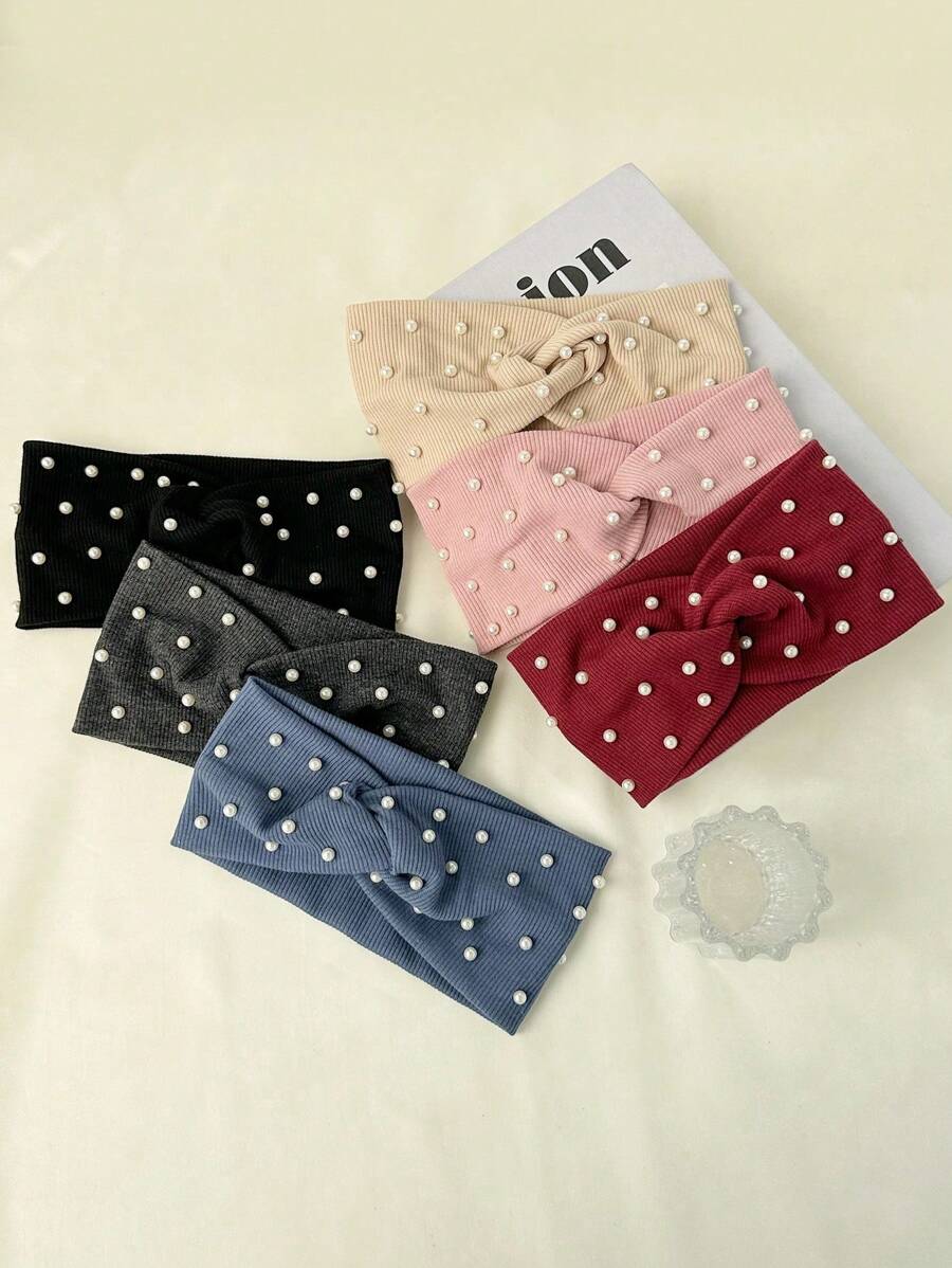 Damen Haarband mit Kunstperlen Dekor - minimalistisches und elegantes Design, weiches und warmes Material, 6 Farben (Navy Blau/Schwarz/Burgund/Rosa/Beige/Grau), passend für Lässig- und Formelle Anlässe, modischer Haarschmuck, klassisches Schleifen Design, bequeme Haraccessoire, klassische Haarbänder