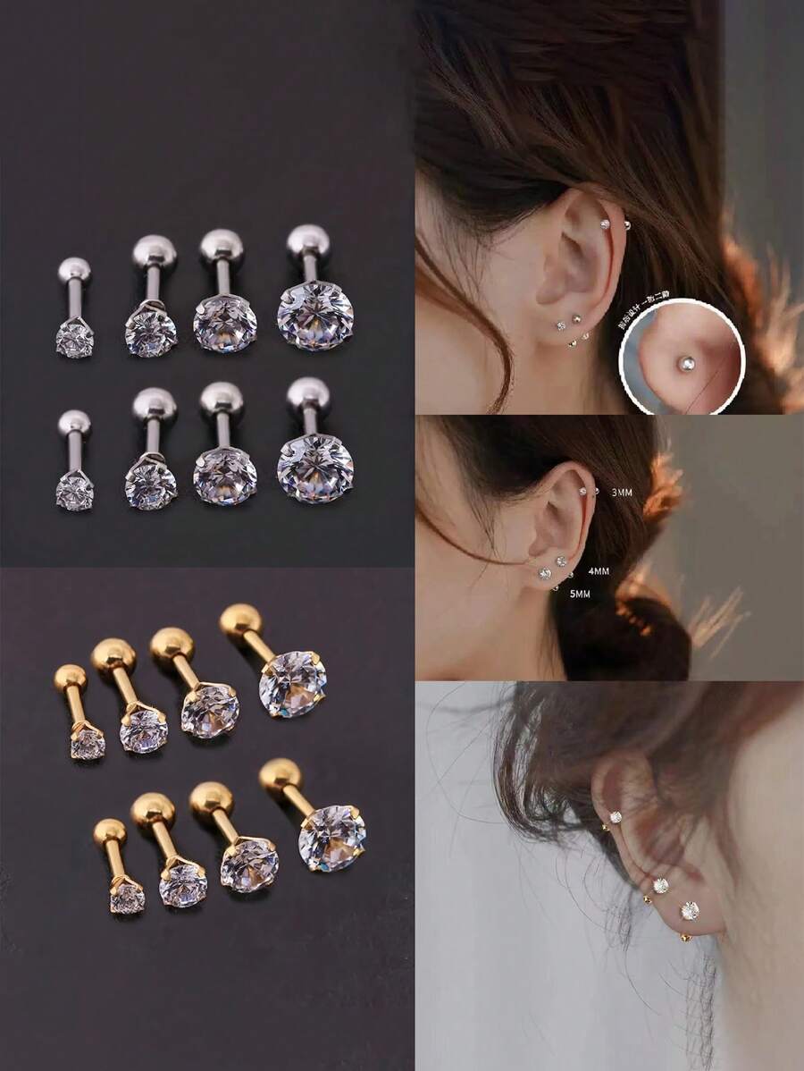 Set de 8 piezas de aretes de acero inoxidable con diseño minimalista hipoalergénico de 4 puntas y bola redonda retorcida, regalos de joyería de moda para ella