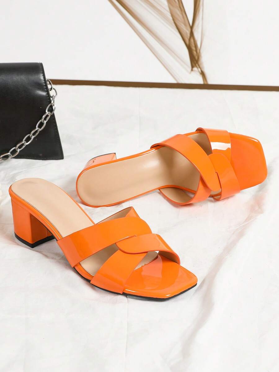 Orange Slip-On High Heels For Women, Cross Strap Peep Toe Square Toe Chunky Heeled Fashion Casual Beach Mules Summer Sandals