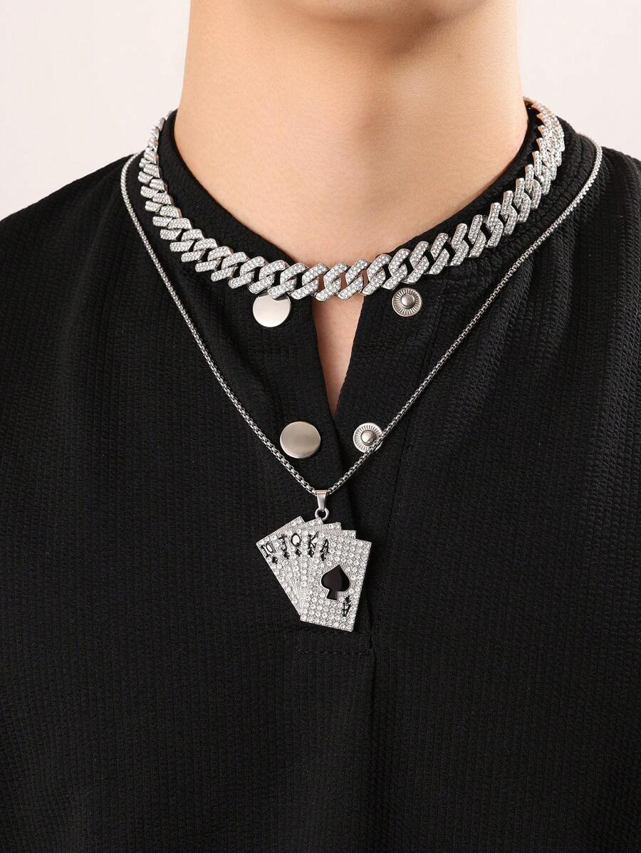 2pcs Alloy Poker Card Men's Necklace Set, Hip-Hop Style Versatile, Suitable For Daily Wear, Party, Gift For Friends