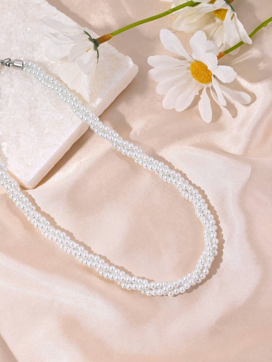 1pc French Elegant 3-Layer Twisted Simulated Pearl Necklace, Suitable For Women Everyday, Commute, Wedding, Party, A Great Jewelry Gift For Girlfriend, Family, Wife On Birthday, Christmas, Valentine's Day