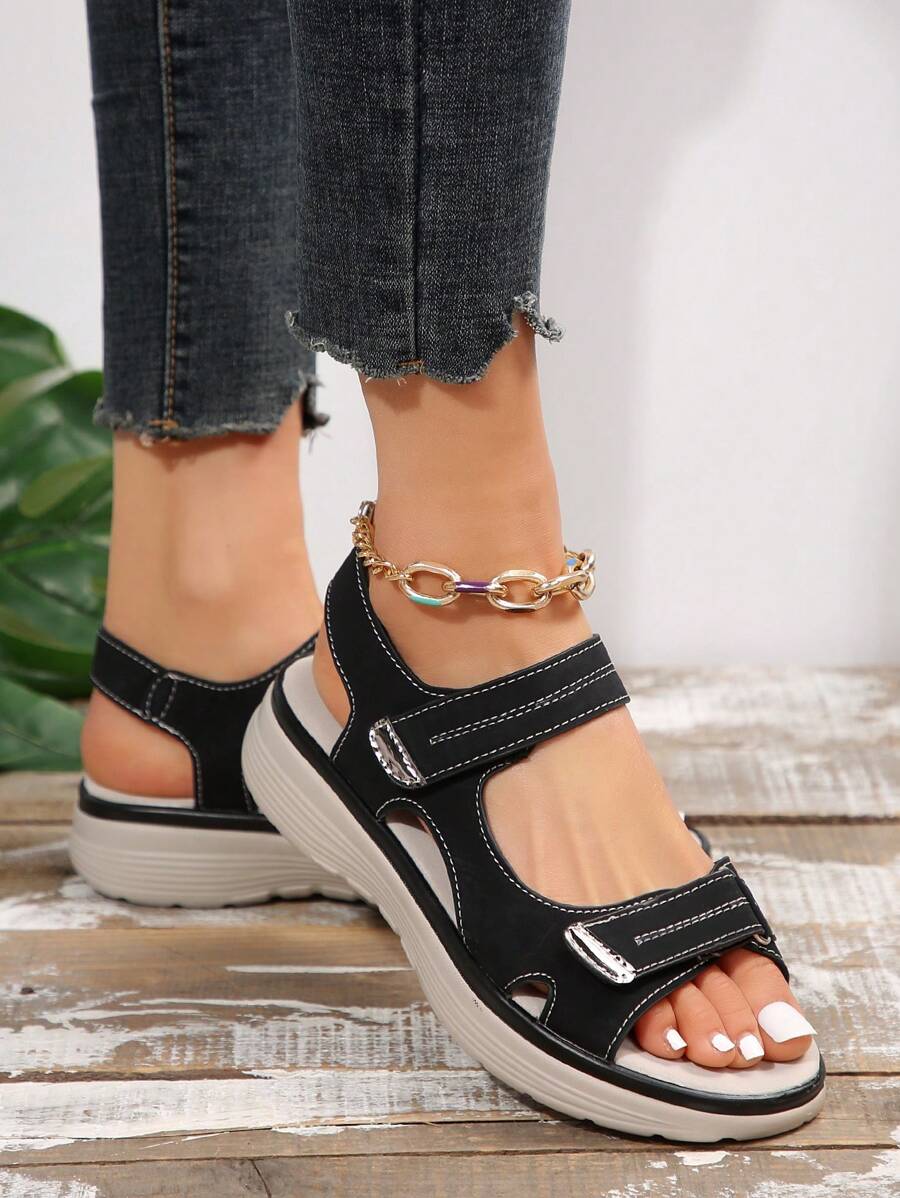 Women's Simplistic Wedge Sandals, Breathable PU Material, Mid Heel Casual Beach Sandals, Versatile For Daily Commute