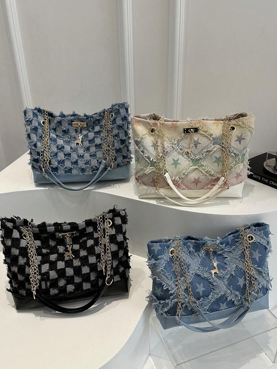 Denim Tote Bag For Women, 2020-2025 New Fashion Large Capacity One Shoulder Bag, Casual Commuter Bag With Frayed Edges