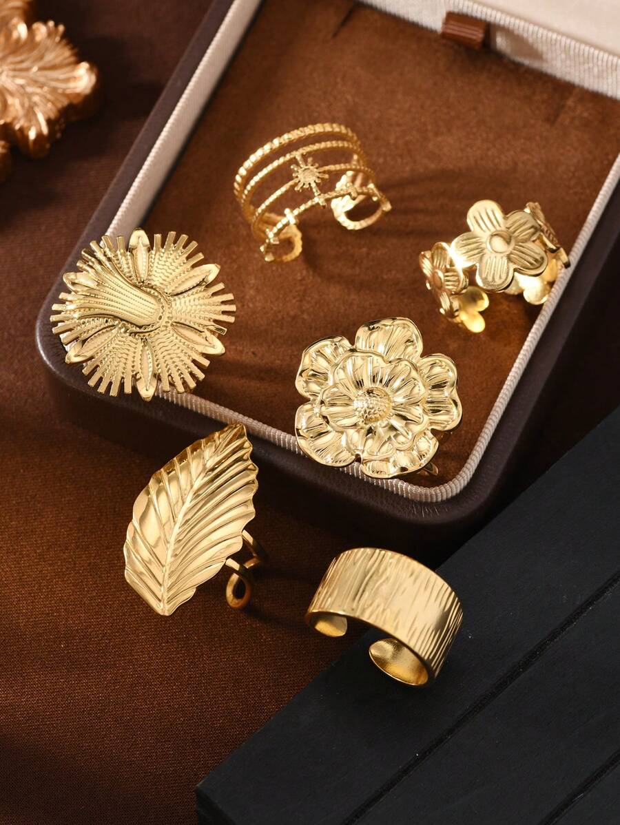 6pcs Fashion Stainless Steel Flower, Leaf, Cross Element Hydraulic Press Ladies Ring Set, Suitable For Daily Matching, Festivals, Dates, Gifts, Engagement, Wedding Gift For Lovers
