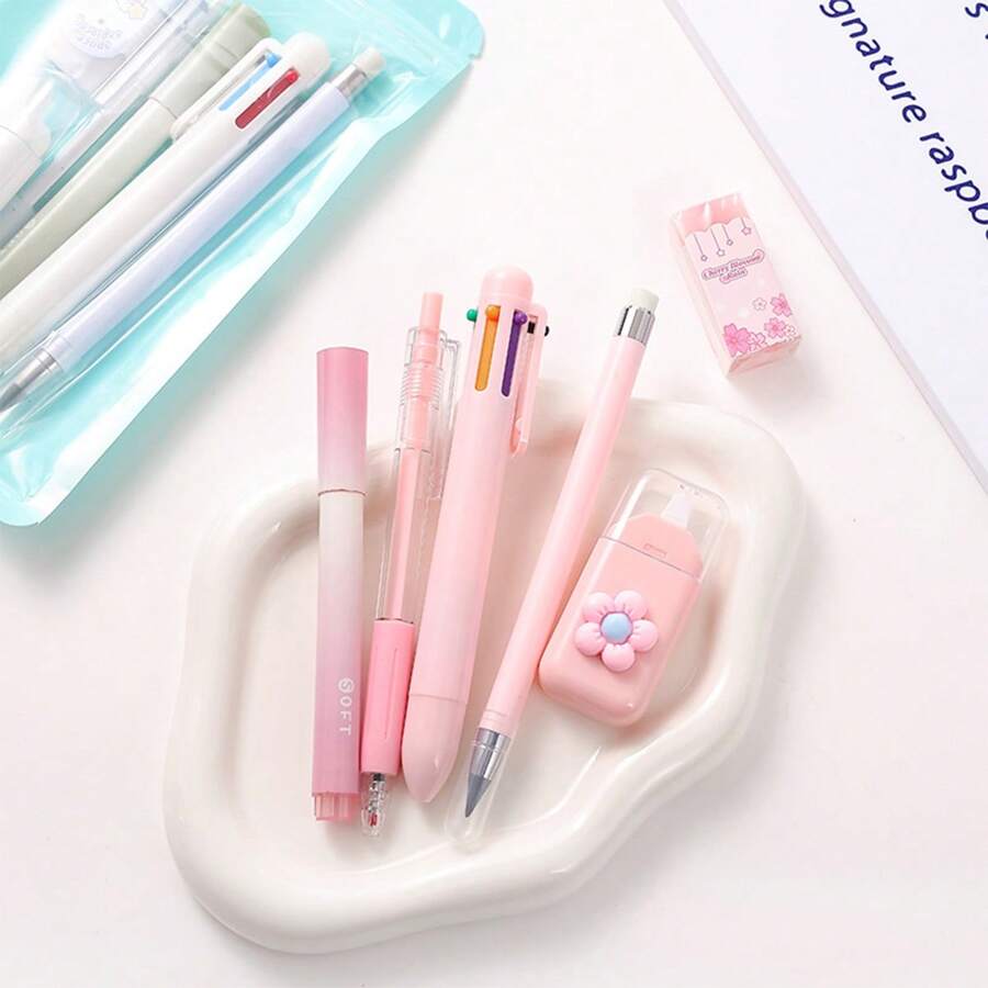 6er Schreibwaren-Set, Geburtstagsgeschenk, Kugelschreiber, Bleistift, Radiergummi, Korrekturflüssigkeit für Schule/Büro, Zeichenwerkzeug-Set, verschiedene Farben erhältlich: Pink, Blau, Lila, Grün, Schulmaterial, Rückkehr zur Schule