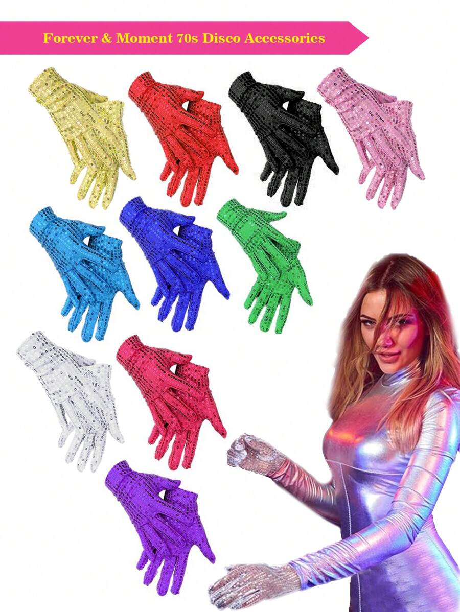 Für ewig & Moment 1 Paar Glitzernde Pailletten Handschuhe für Frauen, funkelnde Pailletten Handschuhe für Tanz, Party, Kostüm, unisex, schimmernde Pailletten Handschuhe, kurze glänzende Tanzhhandschuhe, Cosplay Kostüm Party Handschuhe, Halloween Handdekor Accessoires