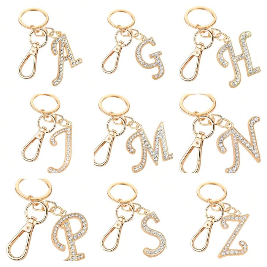1 Stück unisex neuer Schlüsselanhänger aus Legierung mit Strass-Buchstabe, kreativer personalisierter glänzender Buchstaben-Anhänger, modische Tasche/Auto-Schlüsselanhänger, Geschenk zu Feiertagen oder Geburtstag, Auto-Zubehör, Taschenbefestigung, Schulrucksack