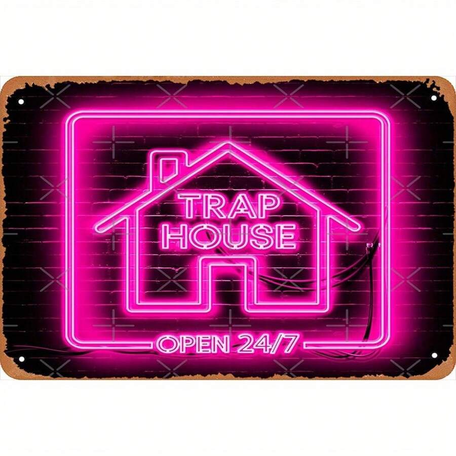 1pc 8x12 Inch Aluminum Metal Sign - Vintage Trap House Wall Art With Neon Pink & Black Retro Design, Frameless Metal Artwork For Home, Garage, For Man Cave Decor, Metal Wall Decor, Garage Decoration, Neon Style Signage, Weathered Finish, 2D Flat