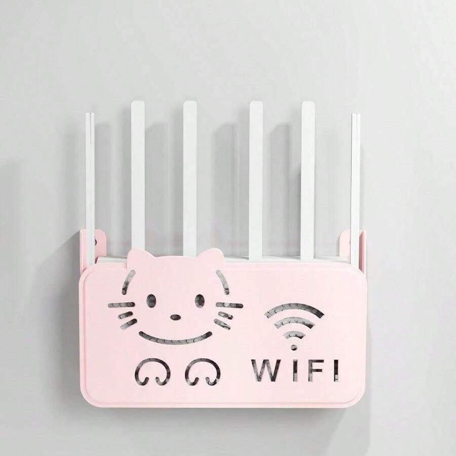 1pc Router Storage Box, Fits Standard Router Size, Cute Wall-Mounted Storage, Plastic Material Router Holder, Adorable Cat Design, Cat Face & WiFi Details, Does Not Block Signal, Suitable For Household Network Device Organization