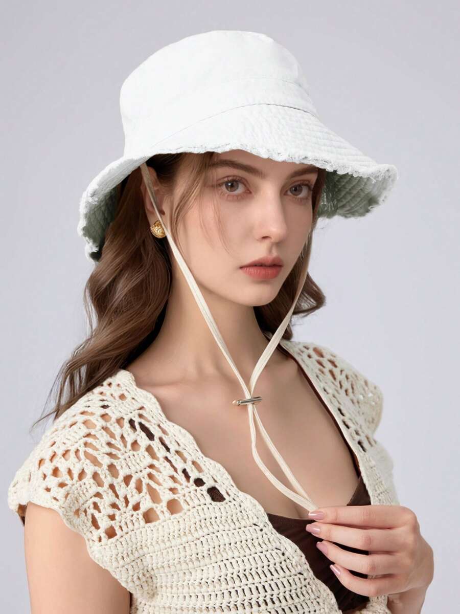 1pc Women's Spring Summer Autumn Solid Color Fringe Drawstring Bucket Hat, Large Brim For Sun Protection, Adjustable Headband, Fashion Accessory