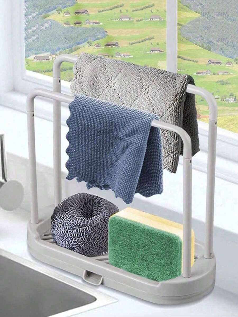1pc Kitchen Sink Organizer Caddy,Double Layer Dish Cloth Sponge Holder,Countertop Drying Rack,Space Saving,Quick Dry,Kitchen Cleaning Supplies Storage,Home Use For Housewives/Househusbands,Plasti,Gray,Sink Side,Compact & Portable,Good Helper For Kitchen Storage.
