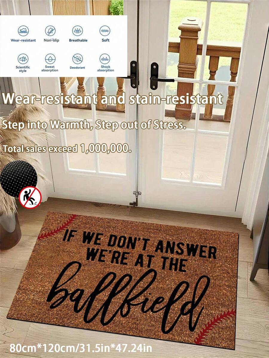 1pc Baseball-Themed Welcome Mat – "If We Don't Answer We're At The Ballfield" Design, Soft Non-Woven Fabric With Anti-Slip Rubber Base, Absorbent & Quick-Drying, Perfect For Home Decor, Indoor/Outdoor Use, Made In USA, Casual Entryway | Durable Entry Mat