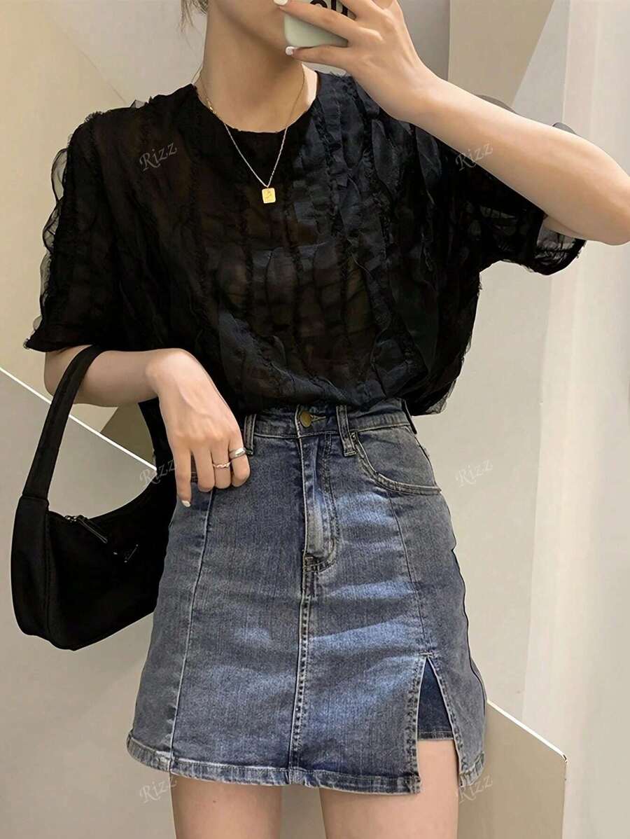 Women Casual Minimalist Textured Solid Color Short Sleeve Shirt
