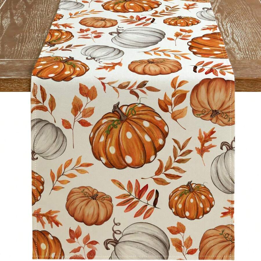 Autumn Orange Pumpkin Tablecloth, Maple Leaves Thanksgiving Holiday Indoor Outdoor Dining Table Decoration