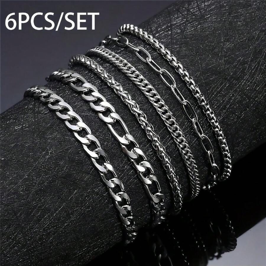 6pcs Minimalist Stainless Steel High Quality Men's Bracelet Set, Cuban Chain 3:1 Chain Unisex Daily Wear, Best Gift, Non-Fading, Non-Allergic