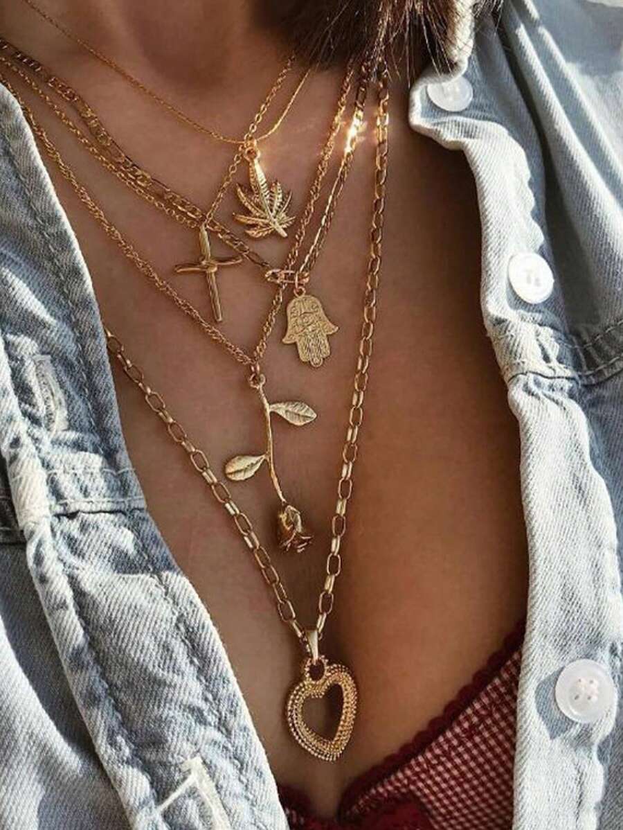 1 colar multicamadas com pingente exclusivo de cruz, palmeira, rosa e coração, adequado para uso diário feminino, festa, presente de feriado