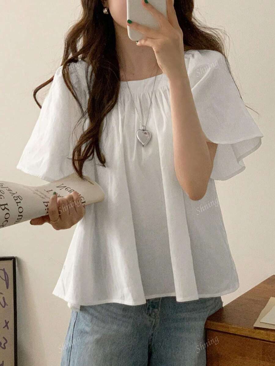 Summer Square Neck Puff Sleeve Casual Short Sleeve Loose Blouse