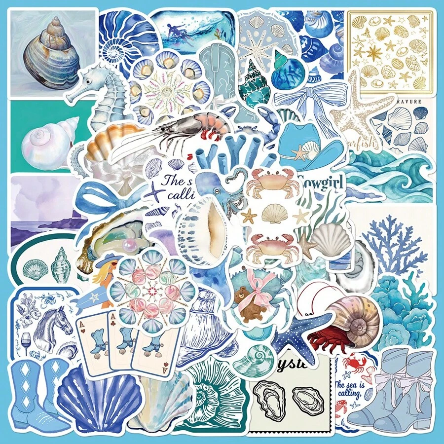 50pcs/Pack Blue Ocean Aesthetic Graffiti Stickers, Coastal Girl Stickers Suitable For Water Bottles, Laptops, Skateboards, Vibrant Aesthetic Graffiti Set For Journals, Scrapbooking, Party Supplies, Great For Winter, New Year