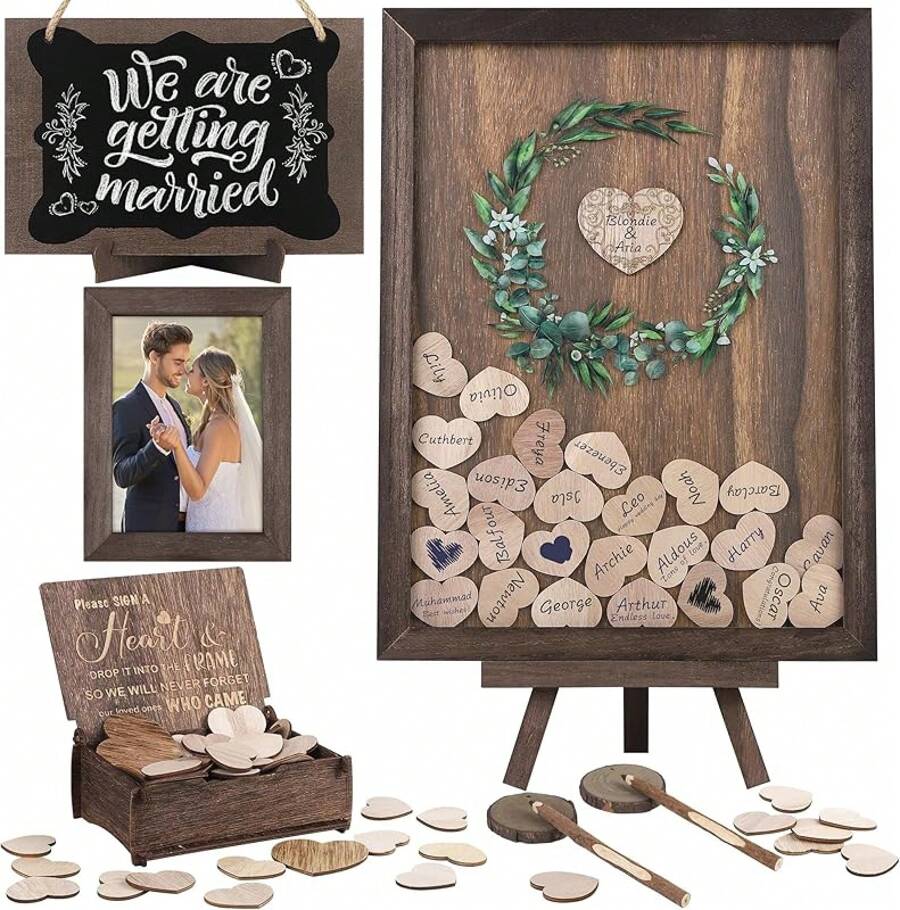 2025Hot SaleAodaer Wedding Guest Book Drop Top Frame Heart Drop Wood Guest Book With Stand 122 Wooden Hearts Pens Box Blackboard Rustic Wedding Decorations Reception Shower, Brown