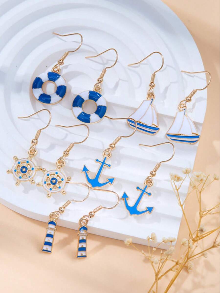 5 pares de pendientes con diseños inspirados en el mar: velero, ancla, salvavidas y faro