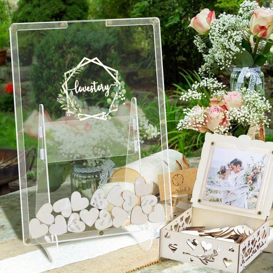2025Hot SaleAerWo Wedding Guest Book, Guest Book Wedding Reception, Acrylic Guest Book Drop Box With Stand, Plywood Box, Wooden Hearts And Marker Pen, Wedding Signs Ceremony And Reception