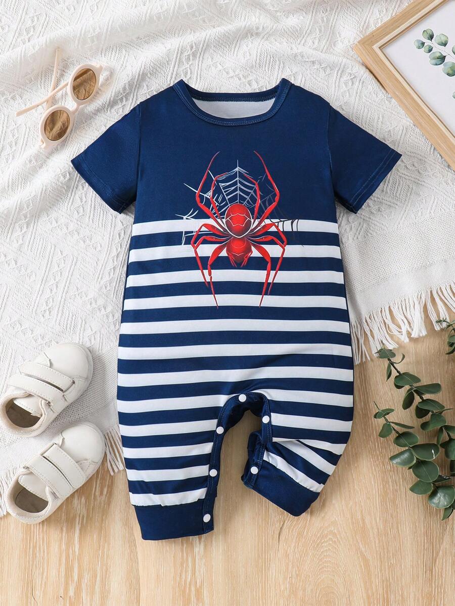 Infant Boys' Casual Minimalist Sportswear Outdoor Soft Cute Spider Graphic Print Short Sleeve Romper, Summer