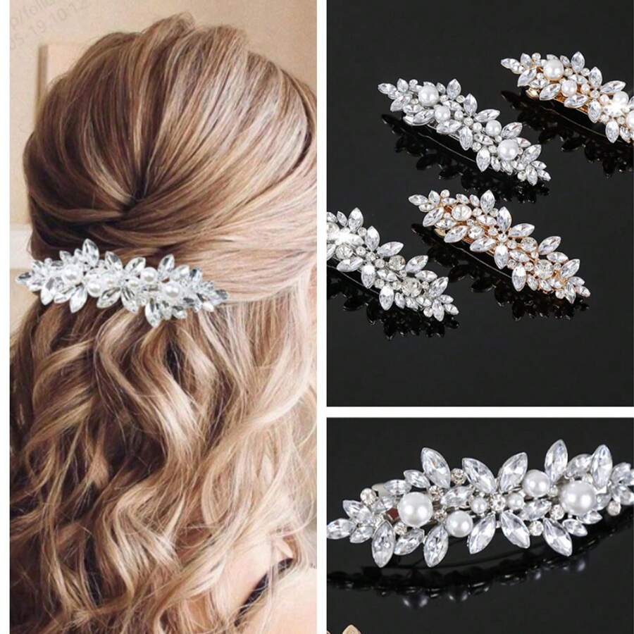 1 Set (2 Stücke) modische minimalistische Rauten-Kristall- & Zinklegierungs-Perlen-Strass-Haarclips, Hochzeitsfeier Braut Haarschmuck