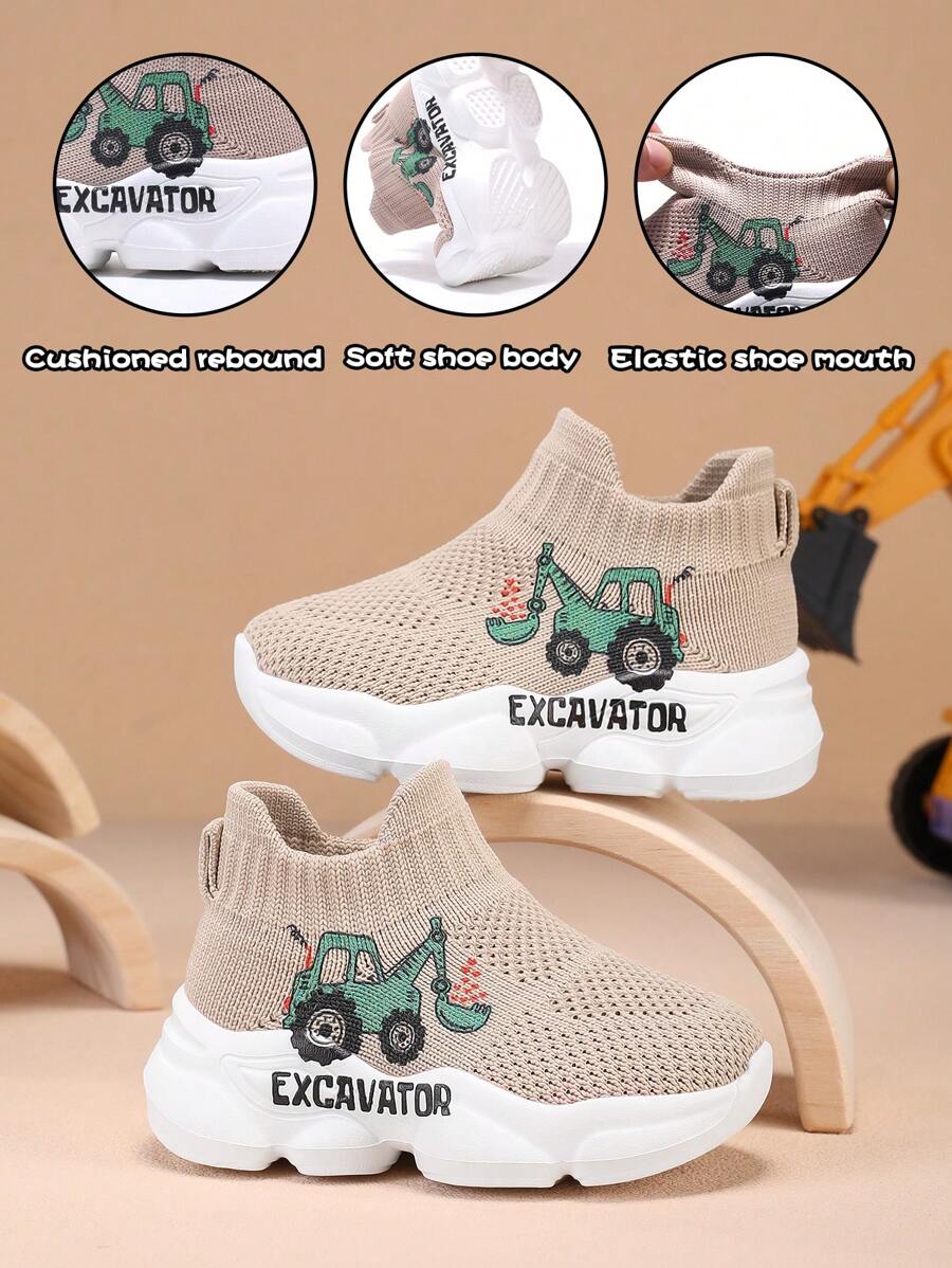 2025 New Cute Excavator Print Children & Teen Casual Fashionable Shock Absorbing Anti-Slip Breathable Lightweight Slip-On Outdoor/Indoor Walking Running Sports Sneakers