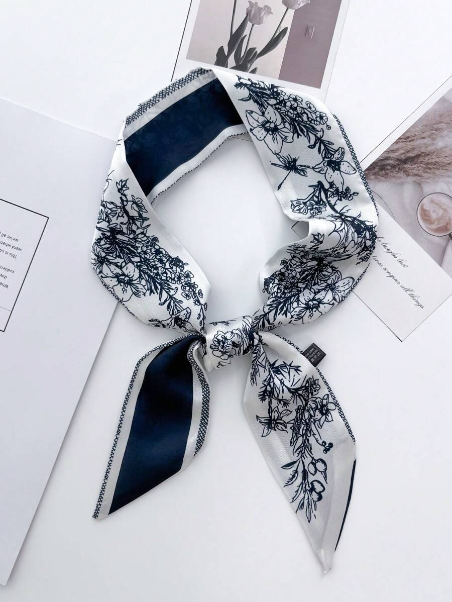 1buc eșarfă din satin cu imprimeuri florale pentru femei, cu panglici, cravată versatilă pentru gât, accesoriu pentru banda de păr pentru purtarea zilnică, primăvară/vară