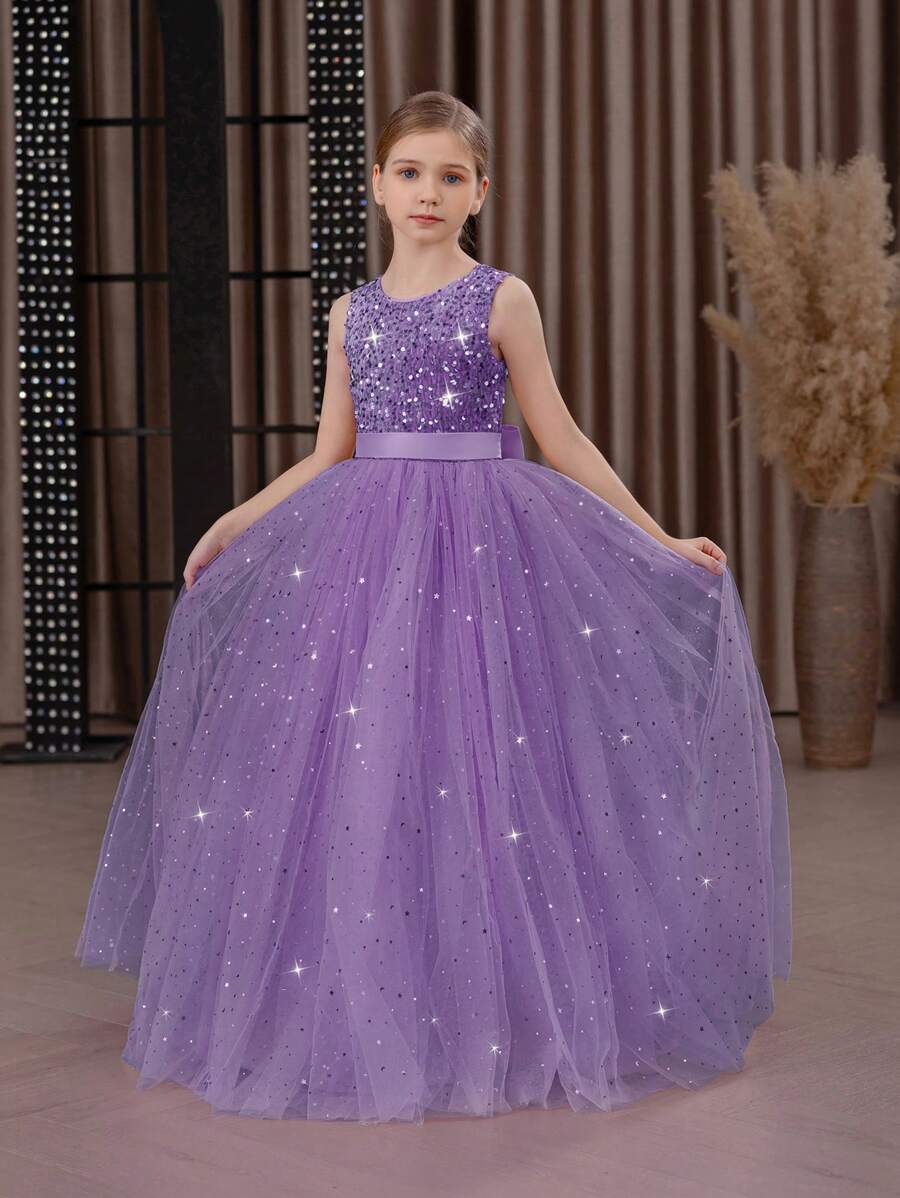 Tween Girl Sequin Bow Tulle Princess Dress, Elegant Party Gown Suitable For Girls Birthday Party, Prom, Wedding, Bridesmaid, Flower Girl Dress For Important Celebrations